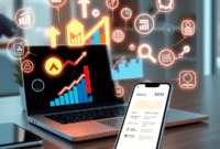 A digital workspace with a laptop and smartphone showing SEO analytics symbols and glowing icons for website health, audits, and keyword tracking i...