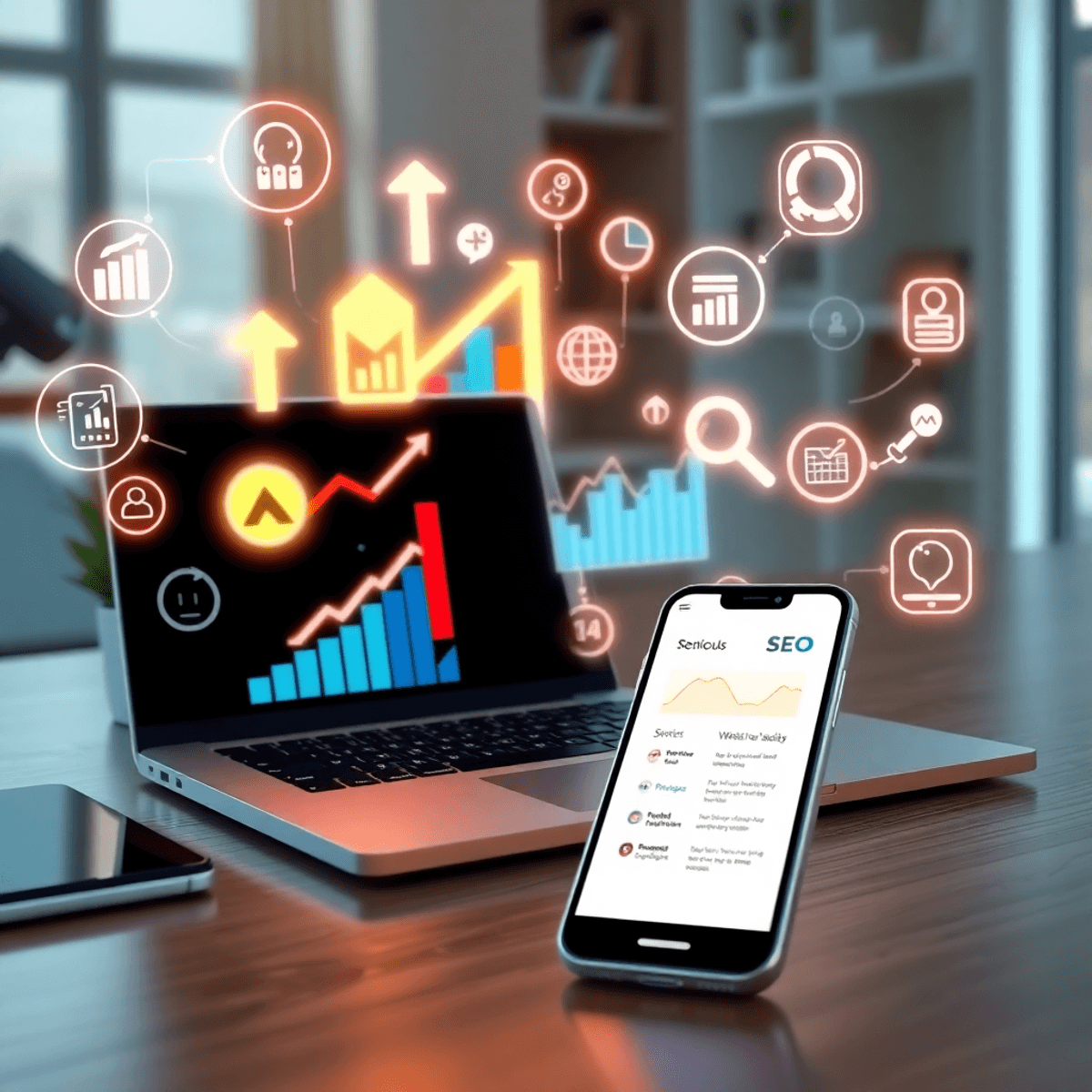 A digital workspace with a laptop and smartphone showing SEO analytics symbols and glowing icons for website health, audits, and keyword tracking i...