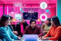 A futuristic workspace with content creators collaborating using AI holographic interfaces displaying writing, SEO, and social media symbols in a v...