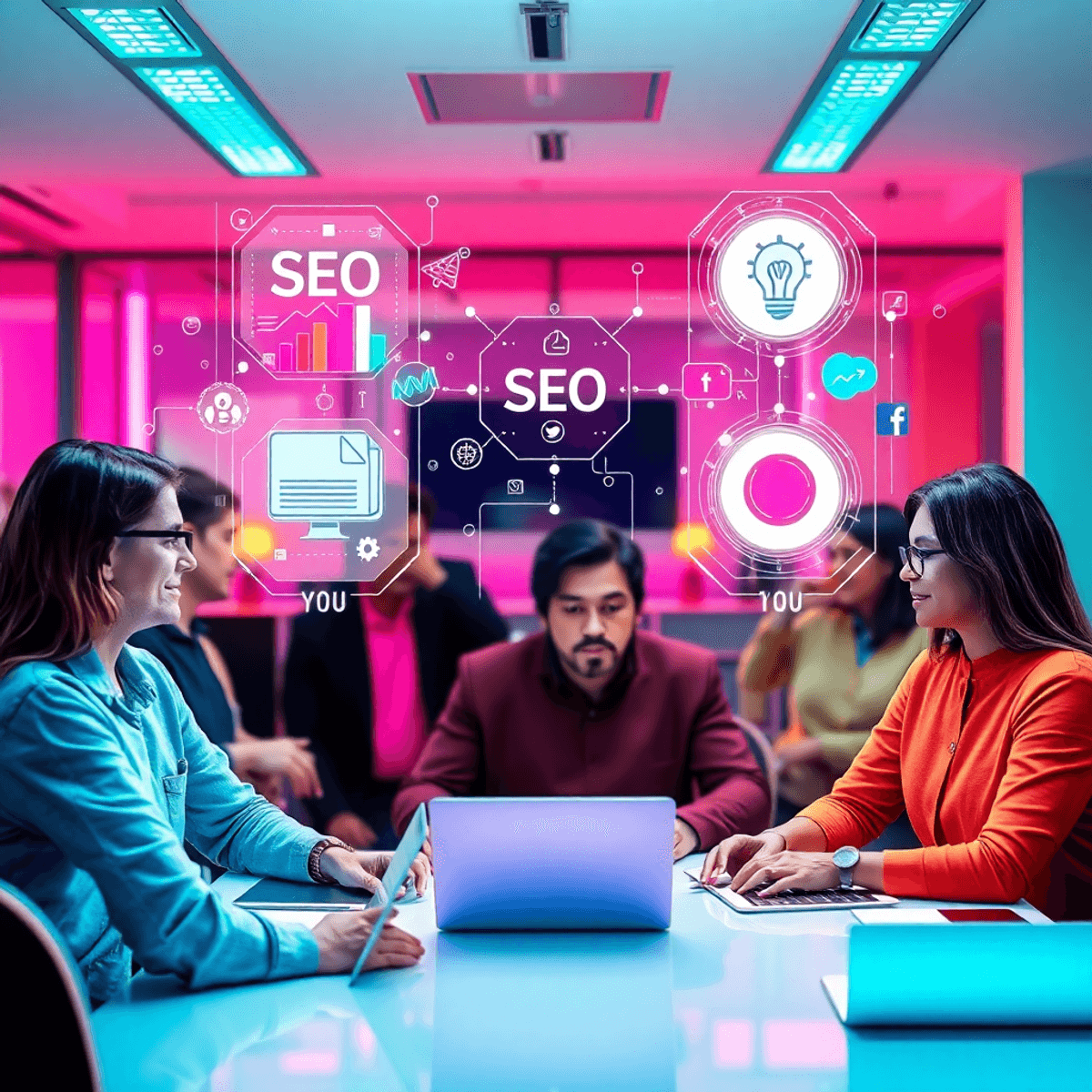 A futuristic workspace with content creators collaborating using AI holographic interfaces displaying writing, SEO, and social media symbols in a v...