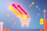 A glowing digital sales funnel with arrows flowing into a shopping cart, surrounded by growth symbols on a clean, modern background with website in...