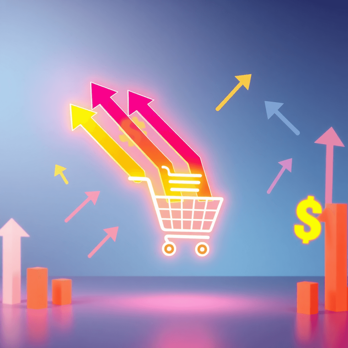 A glowing digital sales funnel with arrows flowing into a shopping cart, surrounded by growth symbols on a clean, modern background with website in...