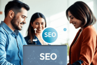 A group of professionals collaborating around a laptop showing abstract SEO symbols like arrows, gears, and network nodes in a bright, tech-inspire...