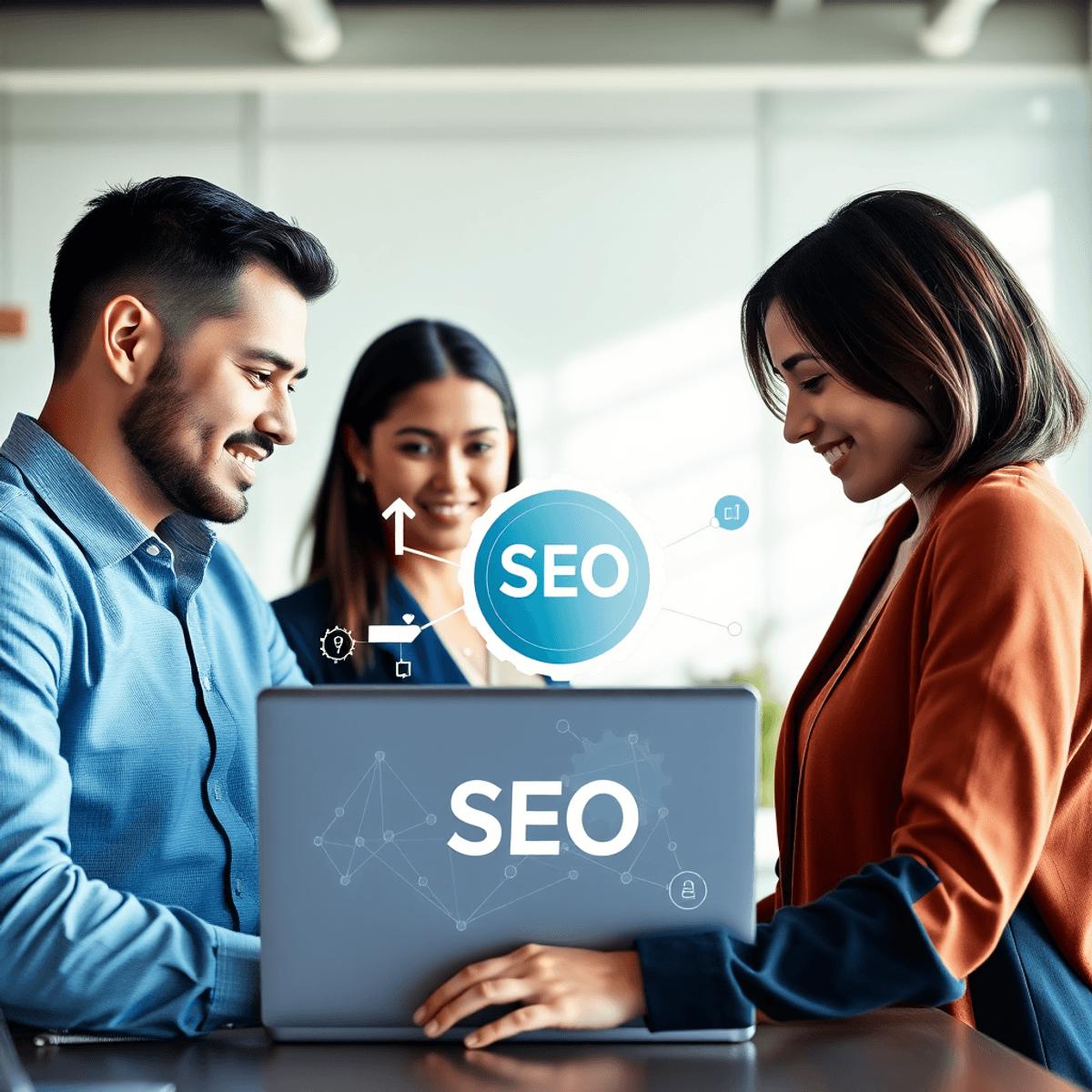 A group of professionals collaborating around a laptop showing abstract SEO symbols like arrows, gears, and network nodes in a bright, tech-inspire...