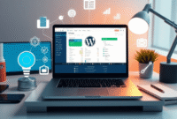 A modern desk with a laptop showing a WordPress dashboard, surrounded by icons for AI, SEO, automation, and content creation, lit by warm light.