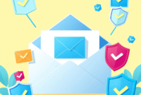 A modern digital illustration of a clean email inbox with colorful envelopes, checkmarks, and shield icons on a bright background symbolizing secur...