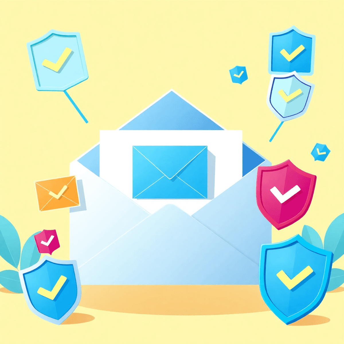 A modern digital illustration of a clean email inbox with colorful envelopes, checkmarks, and shield icons on a bright background symbolizing secur...