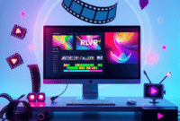 A modern digital workspace with a sleek computer showing colorful video editing timelines and AI effects, surrounded by floating film strips and gl...