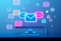 A modern digital workspace with glowing chat bubbles, message icons, email, phone, social media symbols, and AI motifs on a sleek, gradient backgro...