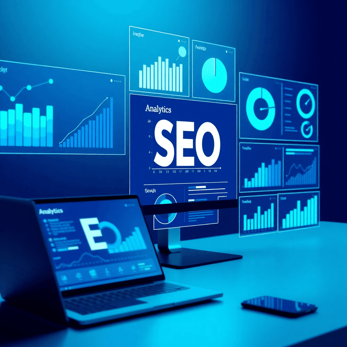 A modern digital workspace with transparent screens showing abstract graphs, a sleek laptop, and smartphone in cool blue and green tones.