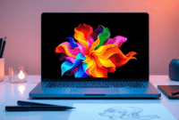 A modern laptop showing vibrant AI-generated abstract art, surrounded by a stylus and sketchpad, with soft glowing lights symbolizing creativity an...