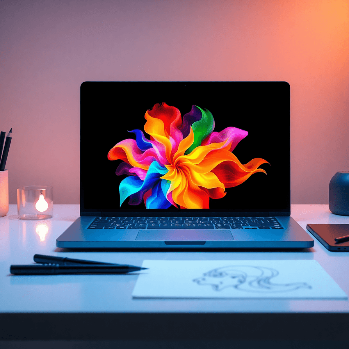 A modern laptop showing vibrant AI-generated abstract art, surrounded by a stylus and sketchpad, with soft glowing lights symbolizing creativity an...