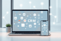 A modern workspace with a laptop and smartphone showing social media and CRM icons, surrounded by glowing interconnected nodes and arrows on a brig...