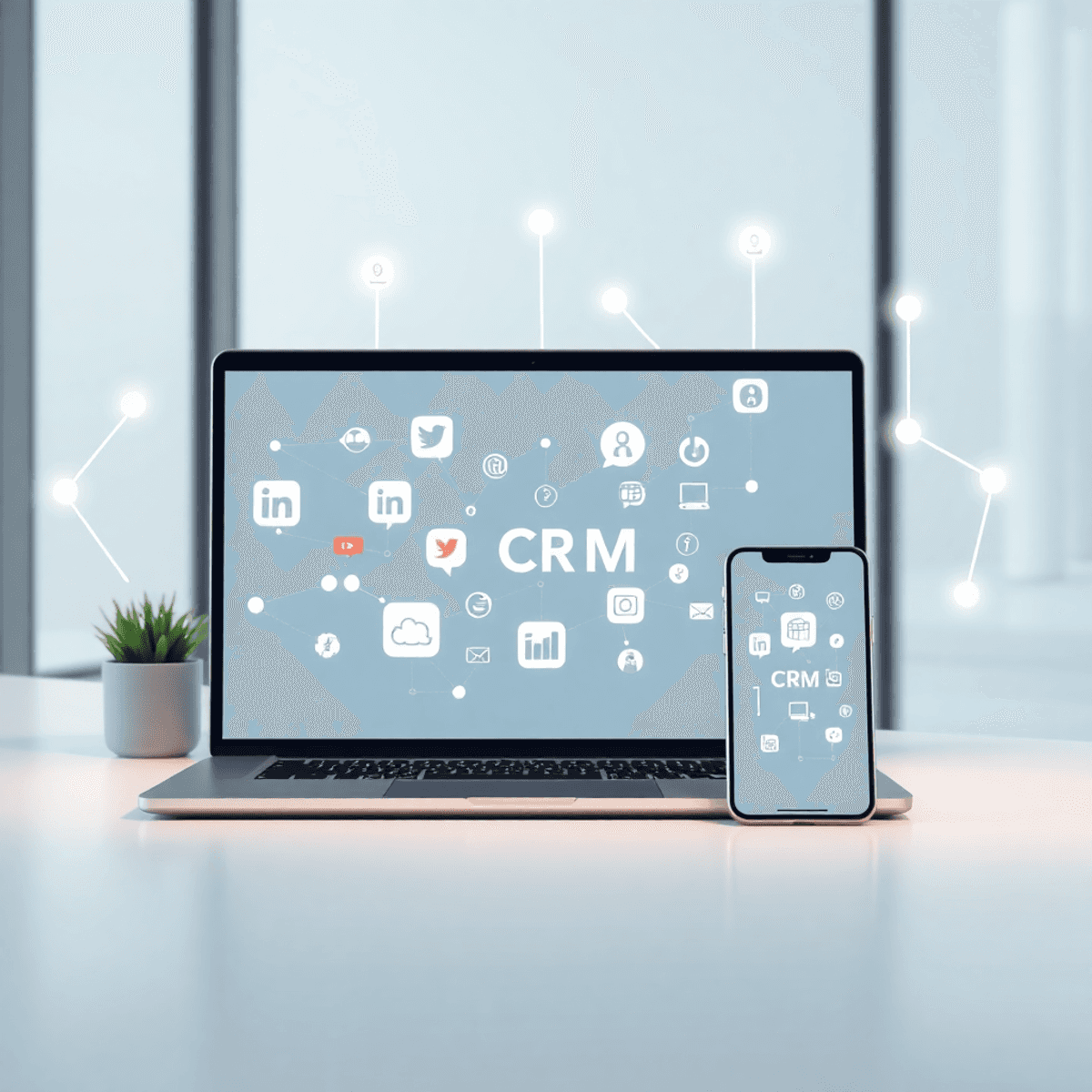 A modern workspace with a laptop and smartphone showing social media and CRM icons, surrounded by glowing interconnected nodes and arrows on a brig...