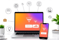 A modern workspace with a laptop and smartphone showing funnel diagrams and flowcharts, surrounded by icons for online courses, memberships, and pa...