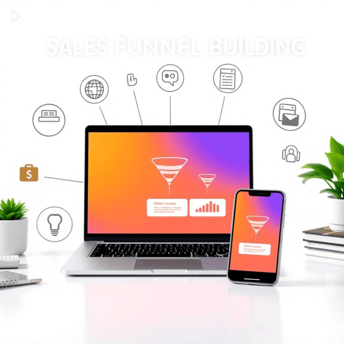 A modern workspace with a laptop and smartphone showing funnel diagrams and flowcharts, surrounded by icons for online courses, memberships, and pa...