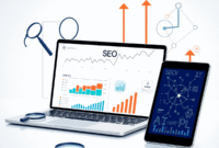 A modern workspace with a laptop and tablet showing SEO analytics graphs, surrounded by magnifying glasses, arrows, and connected nodes on a bright...