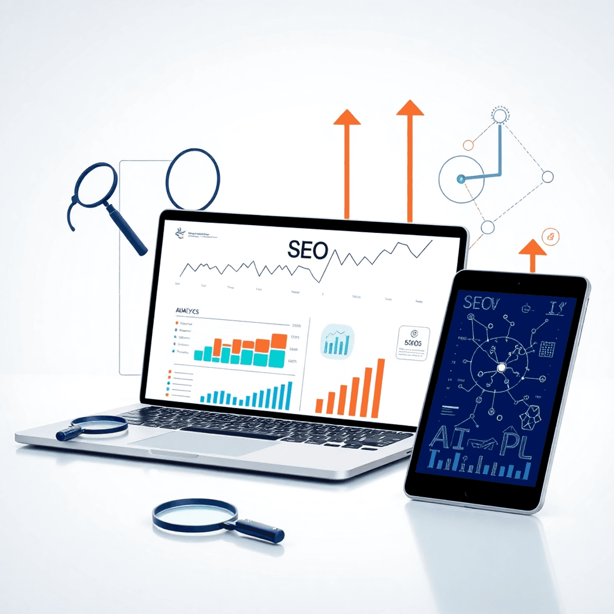 A modern workspace with a laptop and tablet showing SEO analytics graphs, surrounded by magnifying glasses, arrows, and connected nodes on a bright...