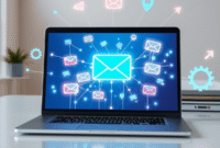 A modern workspace with a laptop showing abstract email icons and glowing network connections, surrounded by gears and arrows on a bright, clean ba...