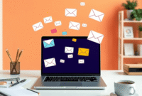 A modern workspace with a laptop showing colorful email icons and charts, surrounded by notebooks and coffee, symbolizing easy email marketing.
