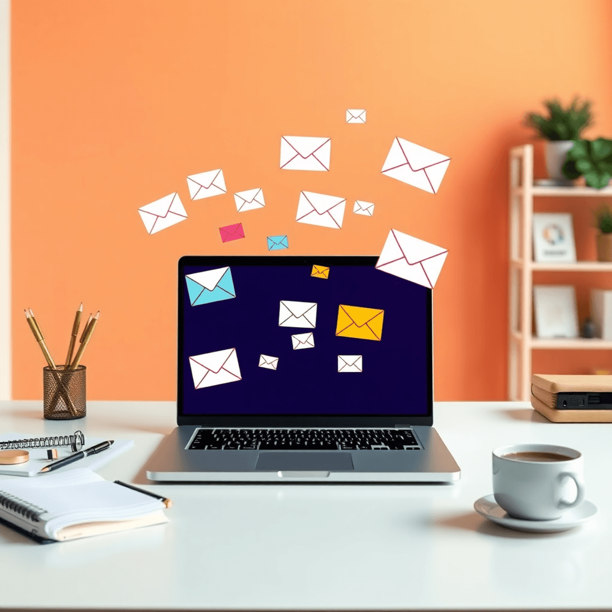 A modern workspace with a laptop showing colorful email icons and charts, surrounded by notebooks and coffee, symbolizing easy email marketing.