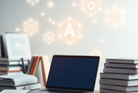 A modern workspace with a sleek laptop, academic books, research papers, and glowing digital AI elements floating above on a bright background.