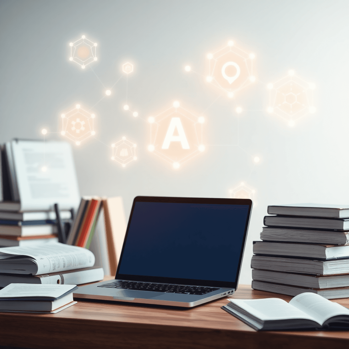 A modern workspace with a sleek laptop, academic books, research papers, and glowing digital AI elements floating above on a bright background.