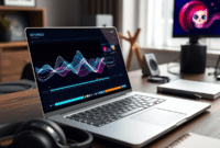 A modern workspace with a sleek laptop showing abstract video editing waveforms and AI visuals, surrounded by headphones and a notepad.