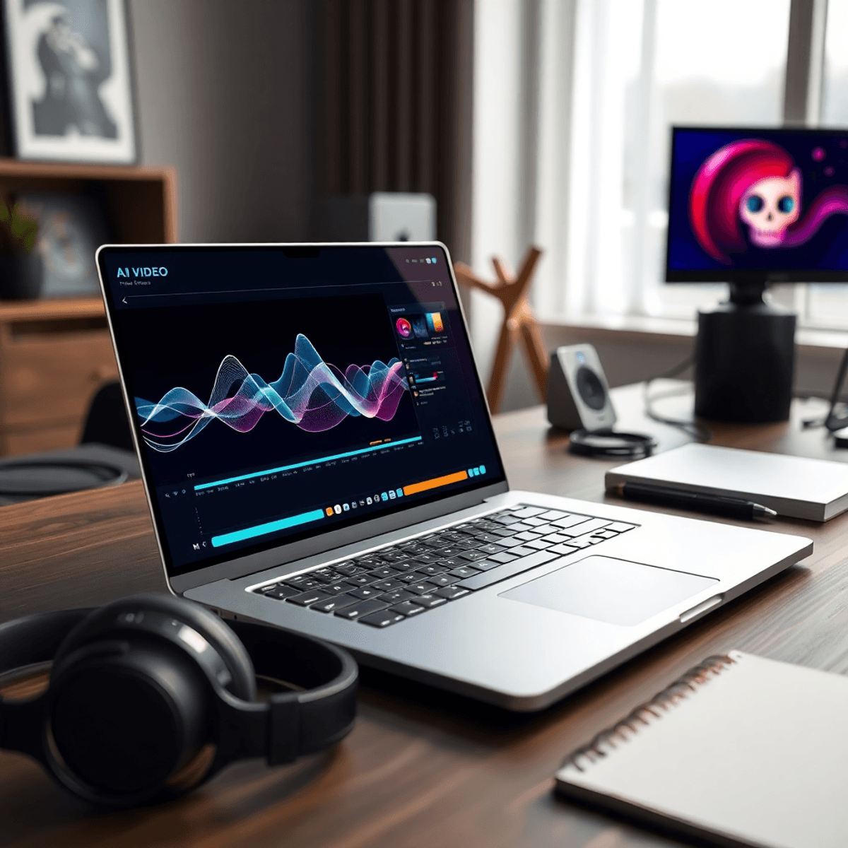 A modern workspace with a sleek laptop showing abstract video editing waveforms and AI visuals, surrounded by headphones and a notepad.