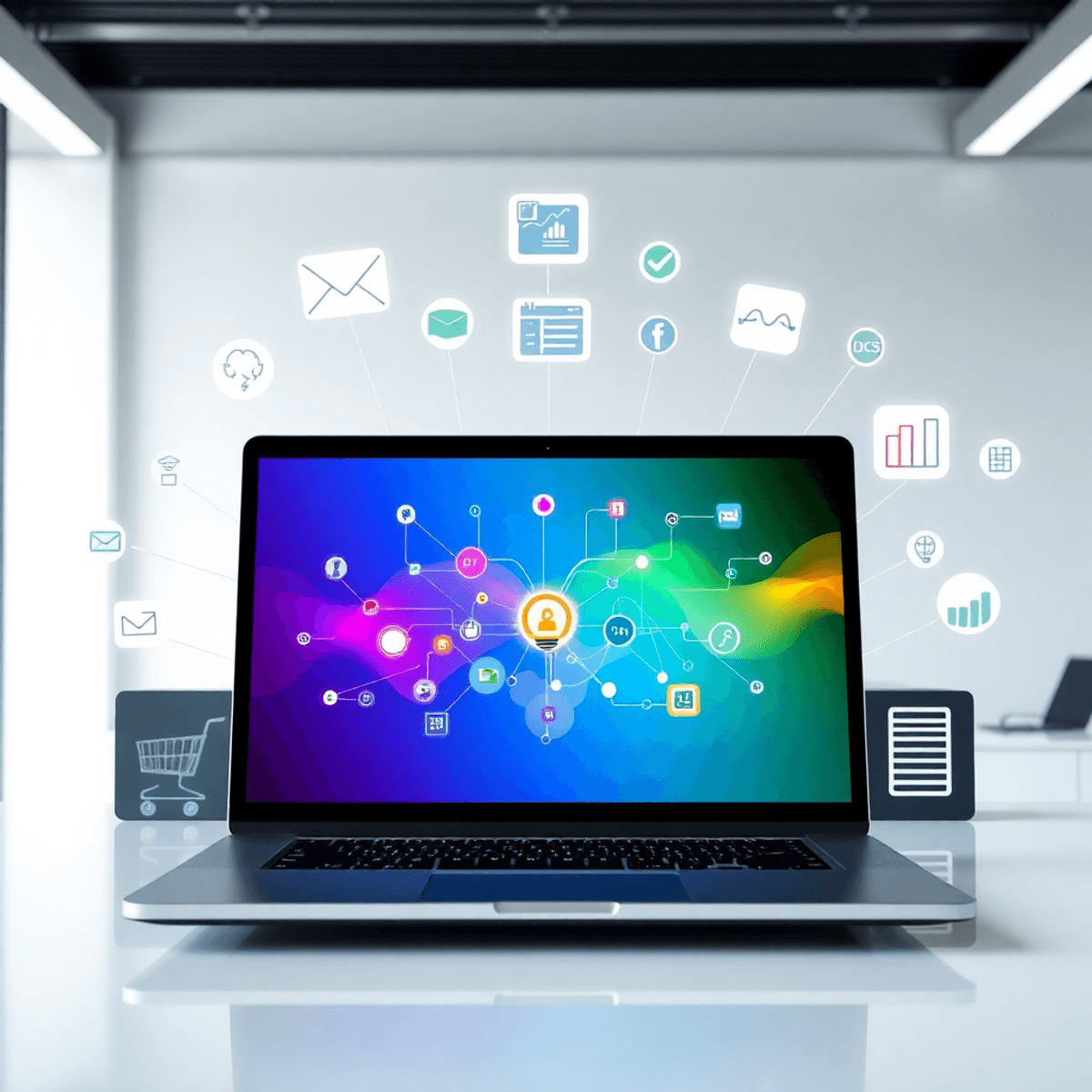 A modern workspace with a sleek laptop showing colorful flowcharts and icons of messaging, shopping carts, and data sheets on a bright, clean backg...