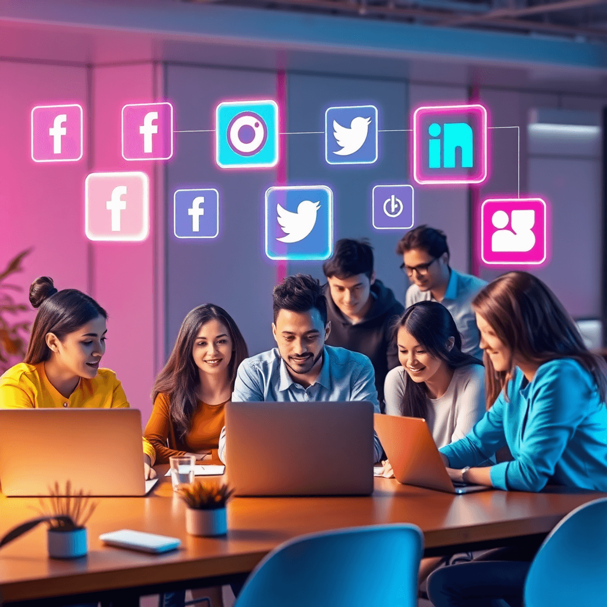 A modern workspace with professionals collaborating around laptops, glowing social media icons floating above, depicting dynamic teamwork and AI-dr...