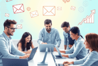 A modern workspace with professionals collaborating around laptops, surrounded by email marketing icons like envelopes, gears, and upward arrows on...