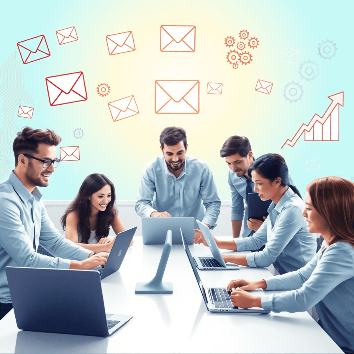 A modern workspace with professionals collaborating around laptops, surrounded by email marketing icons like envelopes, gears, and upward arrows on...