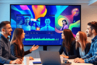 A modern workspace with professionals collaborating around a large digital screen showing vibrant video editing visuals and AI-generated avatars.