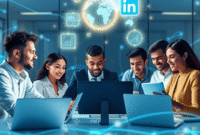 A modern workspace with professionals collaborating around laptops, surrounded by glowing AI, communication, and data icons on a sleek blue backgro...