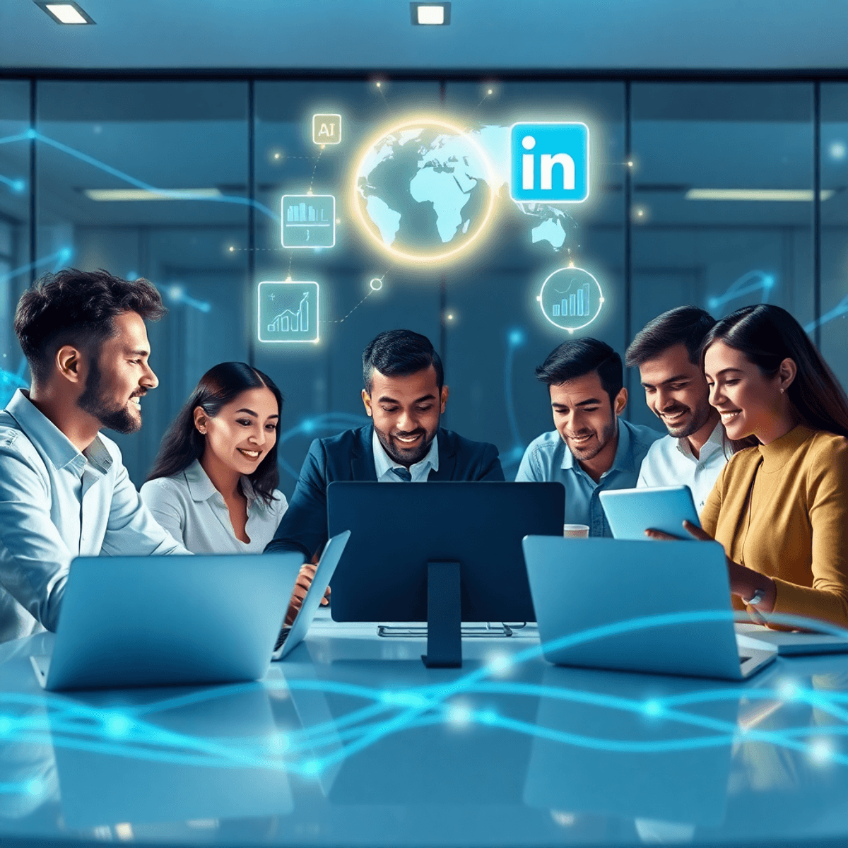 A modern workspace with professionals collaborating around laptops, surrounded by glowing AI, communication, and data icons on a sleek blue backgro...