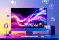 A sleek computer screen displays abstract waveforms morphing into colorful social media video thumbnails, surrounded by floating audio, video, and ...