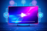 A sleek digital video player on a transparent screen with streaming, security, and connectivity icons glowing against a vibrant blue and purple tec...