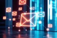 A sleek digital workspace showing glowing envelopes and interconnected nodes on a blue-green tech-inspired background symbolizing efficient email c...