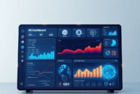 A sleek futuristic digital dashboard displaying glowing abstract data visualizations and AI graphics on a clean, minimalistic tech-themed background.