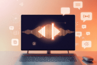 A sleek keyboard with glowing voice icons and abstract sound waves, surrounded by neural network patterns and speech bubbles on a vibrant gradient ...