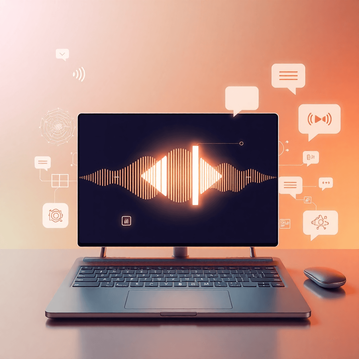 A sleek keyboard with glowing voice icons and abstract sound waves, surrounded by neural network patterns and speech bubbles on a vibrant gradient ...