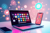 A sleek laptop and smartphone showing colorful social media icons, surrounded by glowing neural network patterns and futuristic data streams on a b...