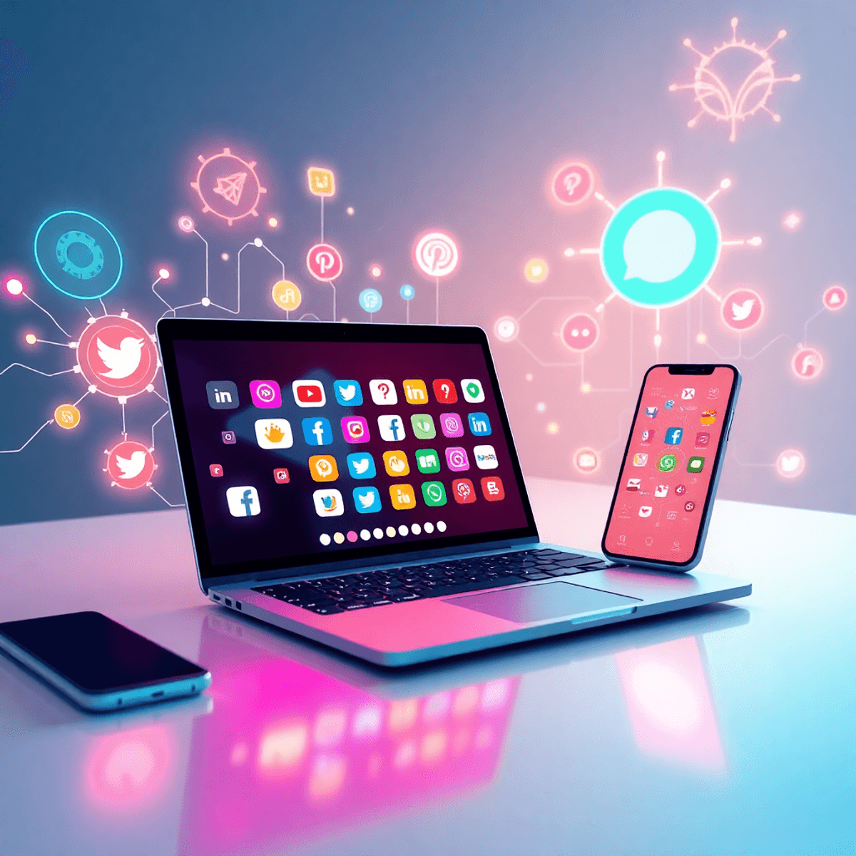 A sleek laptop and smartphone showing colorful social media icons, surrounded by glowing neural network patterns and futuristic data streams on a b...