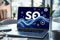 A sleek laptop showing abstract AI waves and SEO icons on a desk with notebooks, coffee, and bright background symbolizing innovation and productiv...