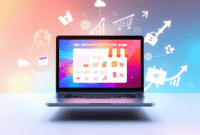 A sleek laptop showing an abstract online store, surrounded by shopping carts, packages, currency icons, and growth charts against a bright, dynami... A sleek laptop showing an abstract online store, surrounded by shopping carts, packages, currency icons, and growth charts against a bright, dynami...