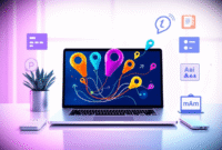A sleek laptop showing colorful abstract shapes and arrows, surrounded by e-commerce and blogging icons on a bright, modern digital workspace. A sleek laptop showing colorful abstract shapes and arrows, surrounded by e-commerce and blogging icons on a bright, modern digital workspace.