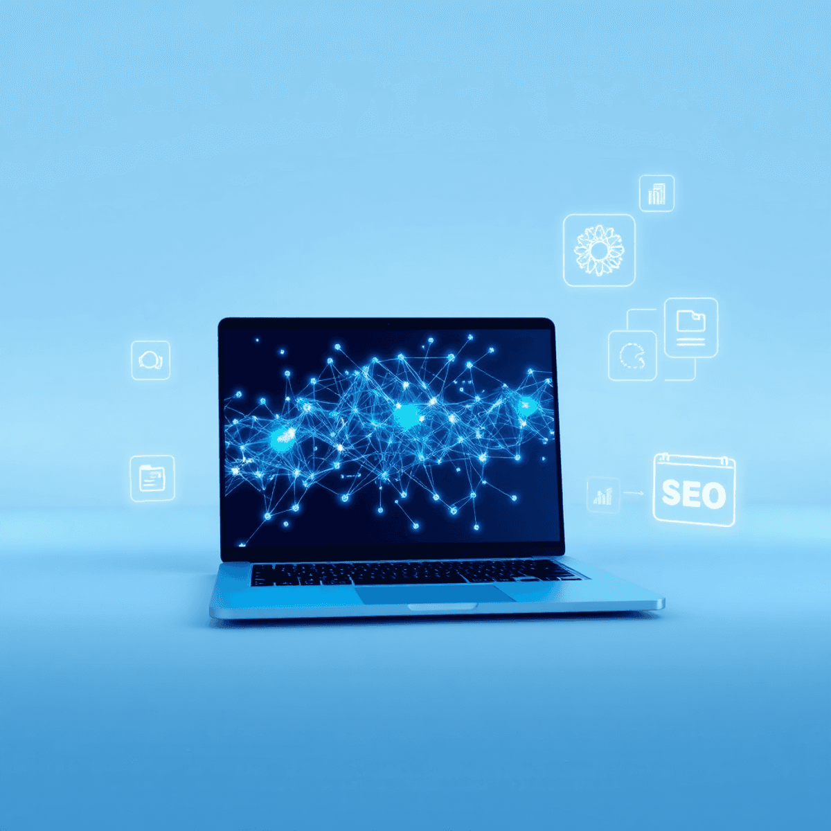 A sleek laptop showing glowing neural network patterns with floating AI, SEO, and content creation icons on a clean blue and white futuristic backg...