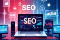 A sleek laptop with abstract data visuals and floating SEO icons like keywords and analytics graphs in a futuristic digital workspace.