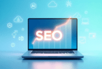A sleek workspace with a laptop showing an abstract glowing SEO growth graph, surrounded by floating AI, cloud computing, and digital marketing icons.